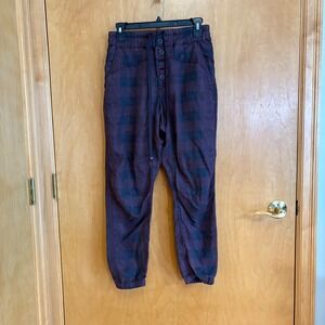 Anthropologie Plaid Button Fly Jogger Pants Womens XS Purple Black‎ Linen Blend